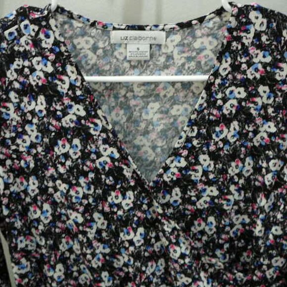 Liz Claiborne Wrap V-Neck Long Sleeve Black Blue Pink White Patterned Blouse-S - Picture 5 of 6